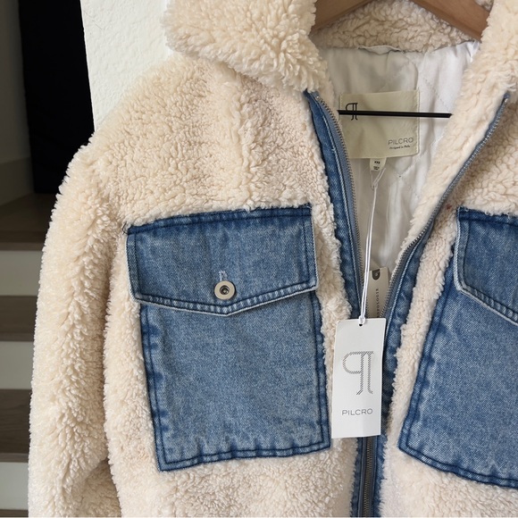NWT Anthropologie Pilcro Sherpa Denim Mixed Utility Jacket in Cream and Blue - Picture 6 of 7